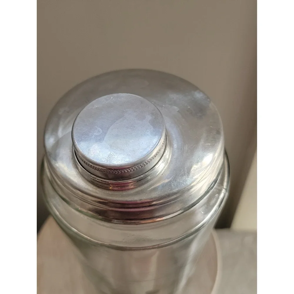 Vintage Mid Century Etched Glass Cocktail Shaker With Stainless Steel Lid